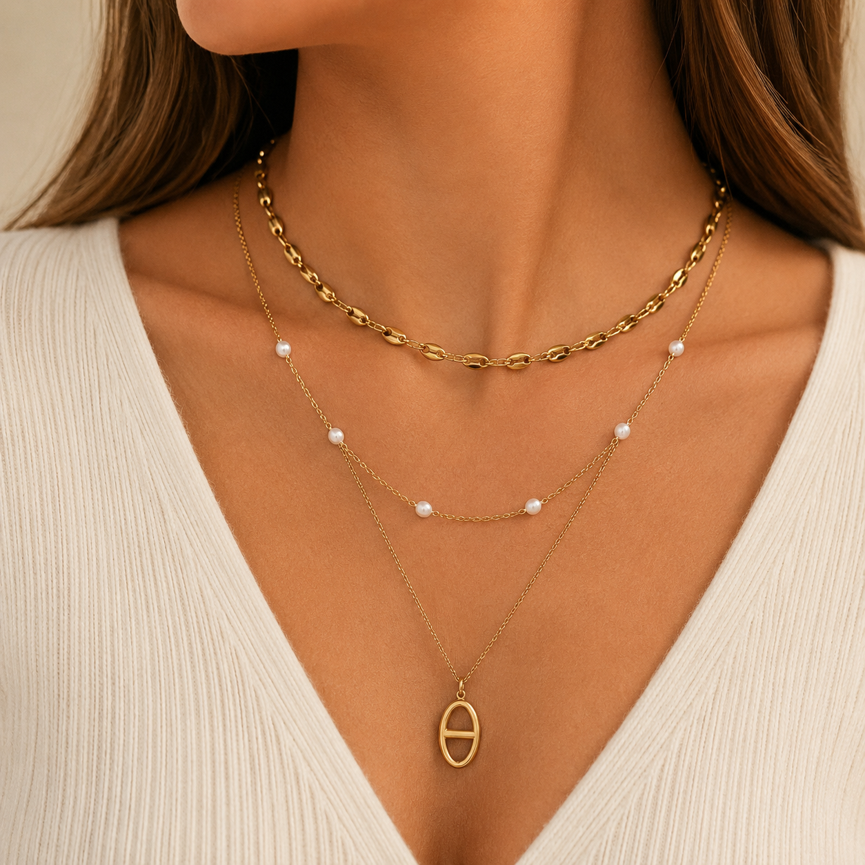 Collier NAÉLYS – Triple Rang Doré & Perles