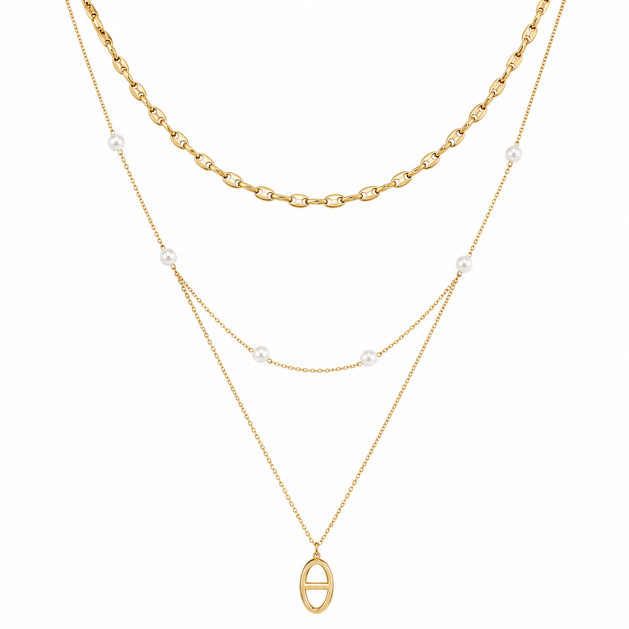 Collier NAÉLYS – Triple Rang Doré & Perles